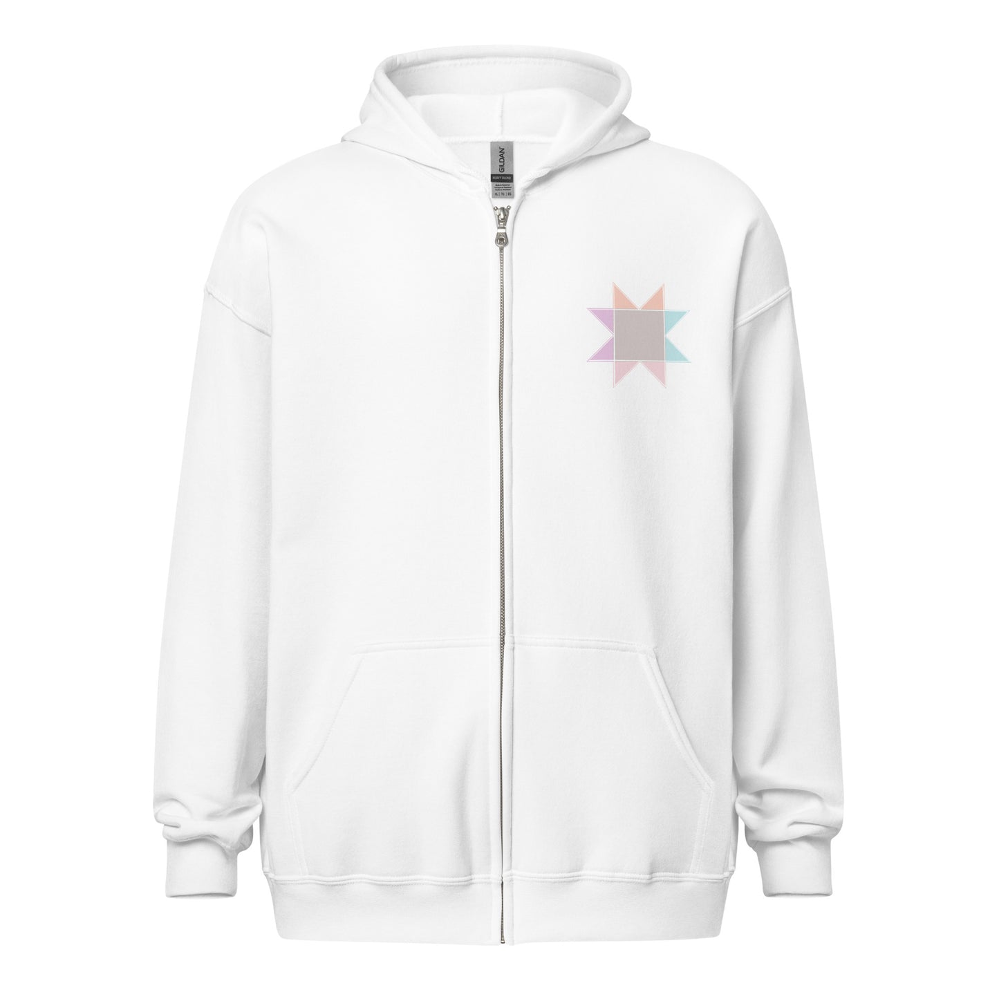 Front view ghost image of Moxie•Pop's unisex zip hoodie with a pastel sawtooth star quilt block design on left chest in white