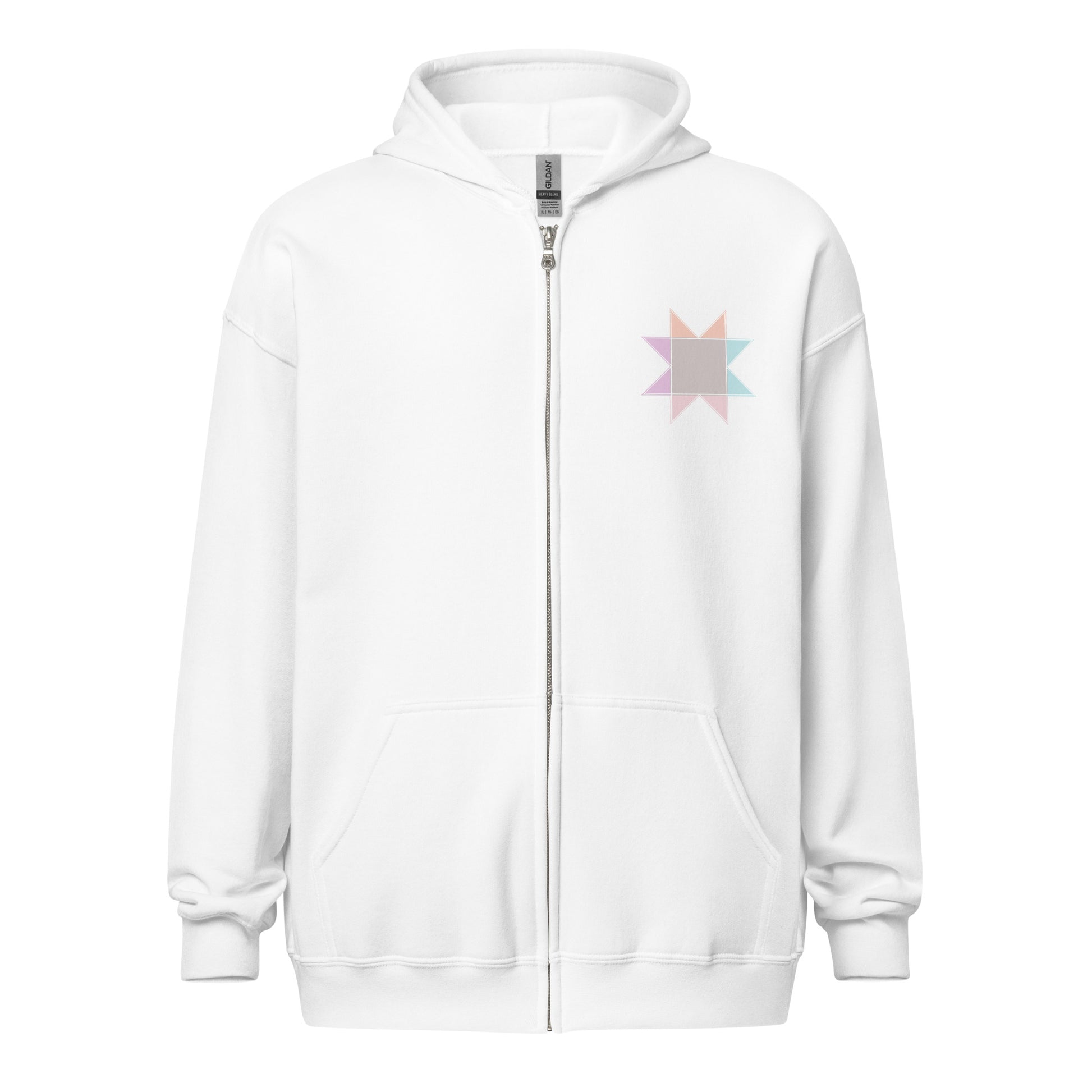 Front view ghost image of Moxie•Pop's unisex zip hoodie with a pastel sawtooth star quilt block design on left chest in white