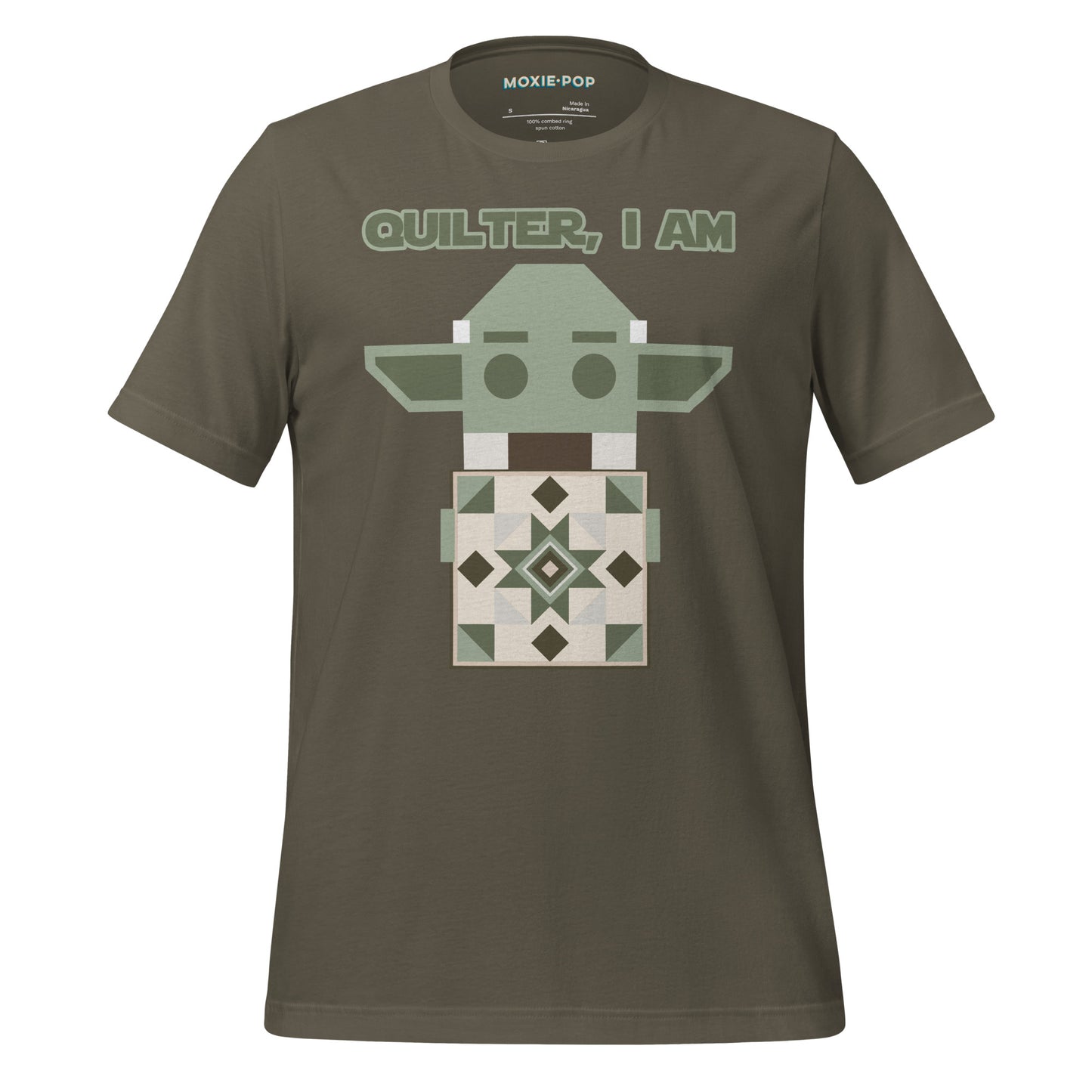 Lay flat product image of Moxie•Pop's unisex graphic tee with a geometric Yoda holding a quilt with the phrase "Quilter, I am" design in army