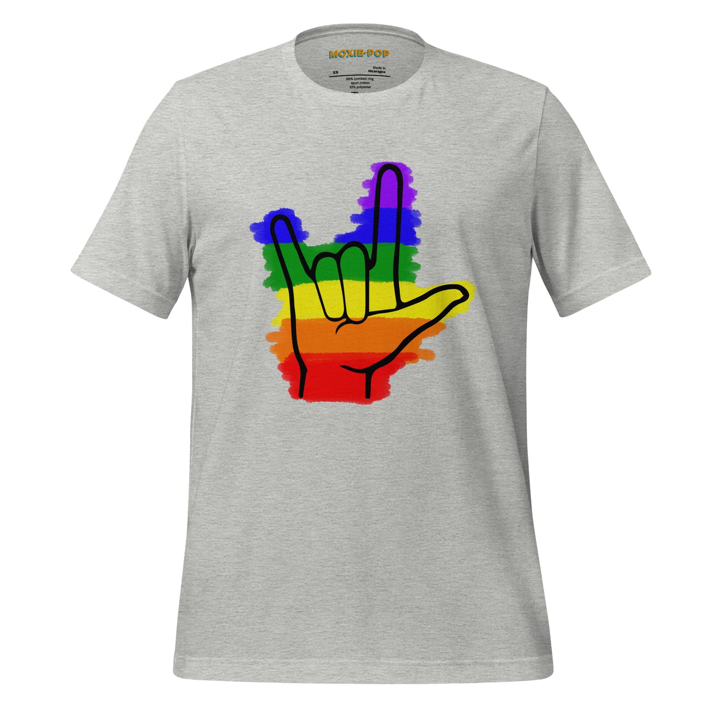 Ghost product image of Moxie•Pop's unisex graphic tee with colored rainbow stripes behind a black ASL I love you hand sign icon design in athletic heather