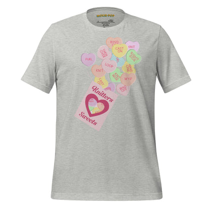 Ghost product image of Moxie•Pop's unisex graphic tee with a box of "Knitter Sweets" and Valentine's conversation hearts with knitting terms design in athletic heather