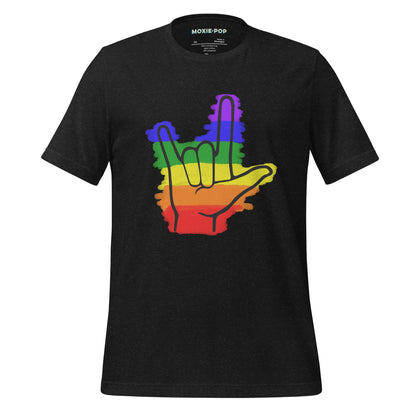 Ghost product image of Moxie•Pop's unisex graphic tee with colored rainbow stripes behind a black ASL I love you hand sign icon design in black heather