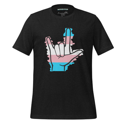 Ghost product image of Moxie•Pop's unisex graphic tee with blue, pink, and white stripes behind a black ASL I love you hand sign icon in support of transgendered design in black heather