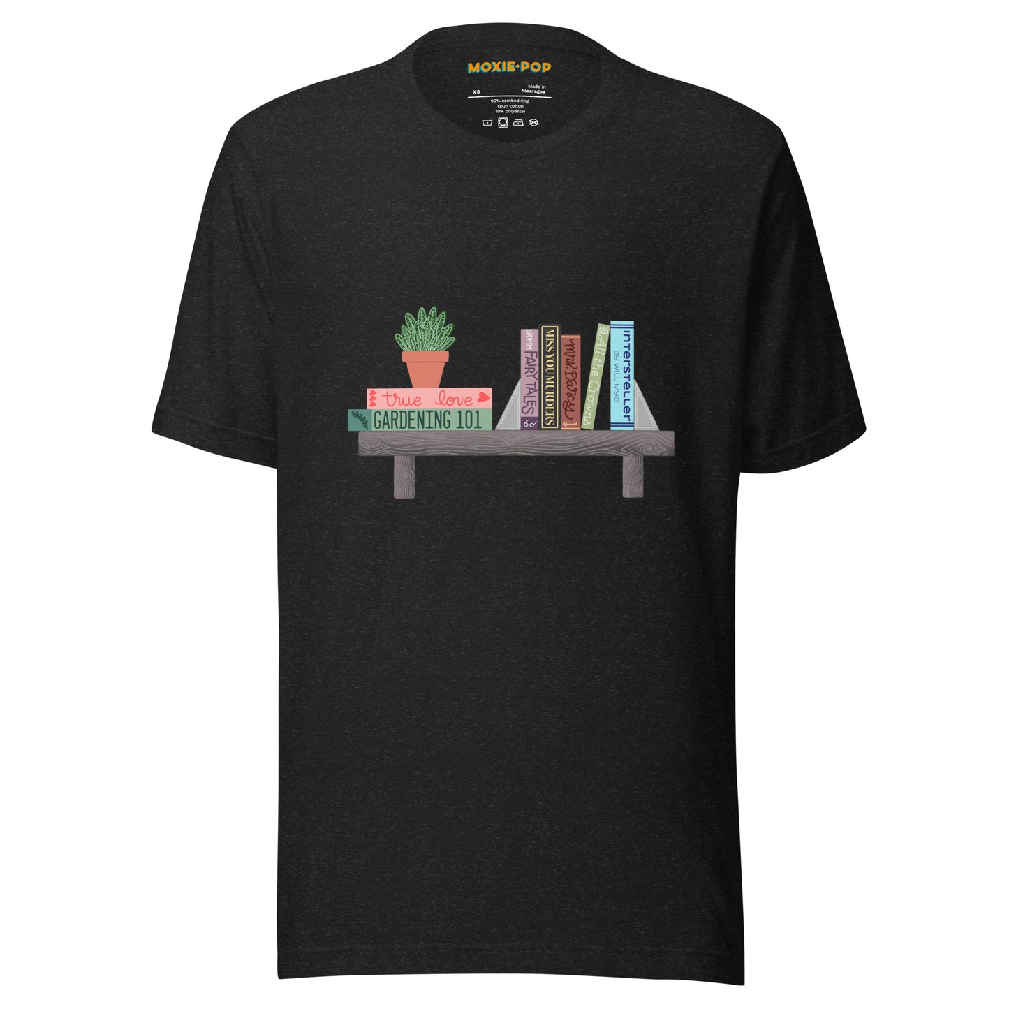 Ghost product image of Moxie•Pop's unisex graphic tee with hand drawn bookshelf holding stacks of books and house plants artwork in black heather