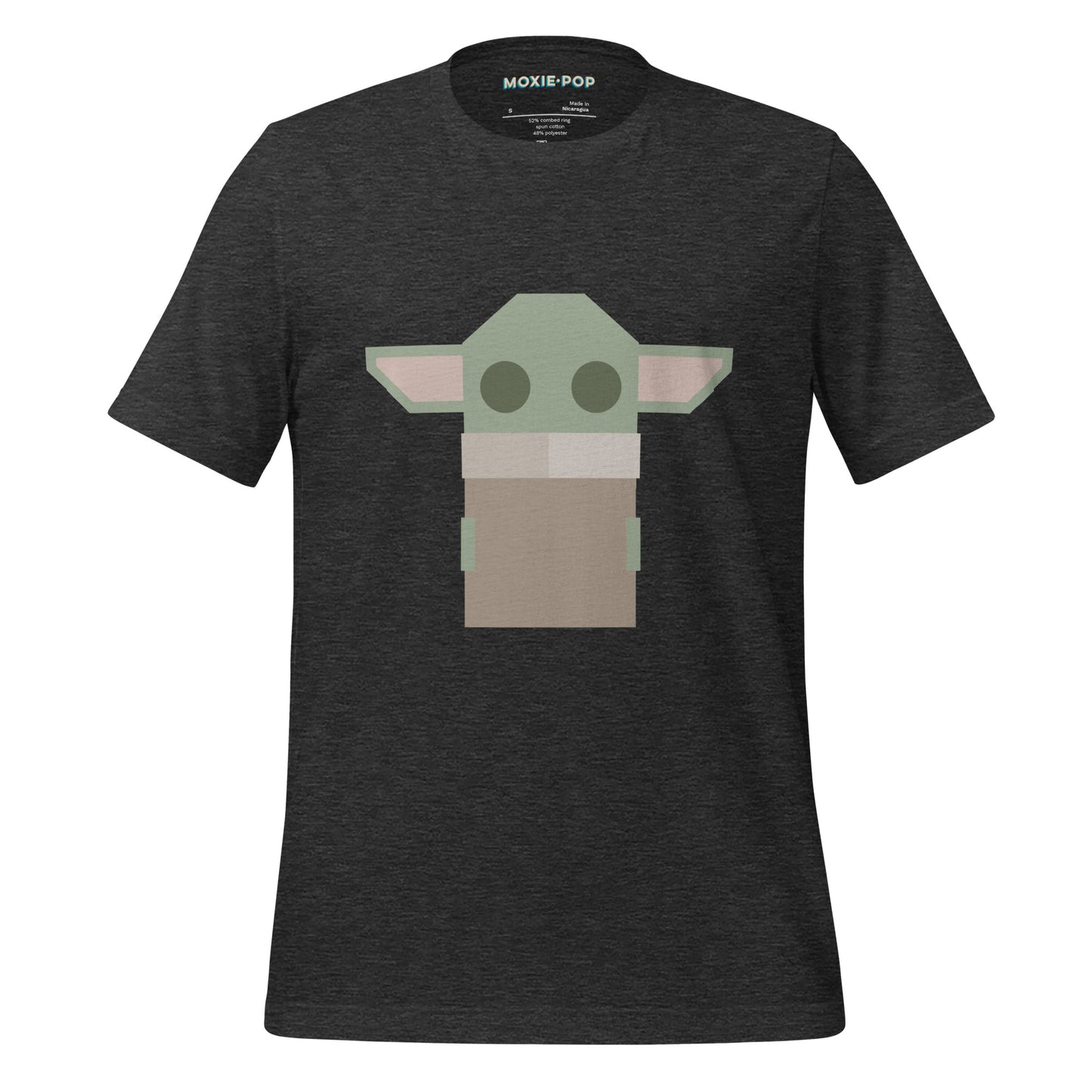 Ghost product image of Moxie•Pop's unisex graphic tee with a stylized geometric Grogu design in dark grey heather