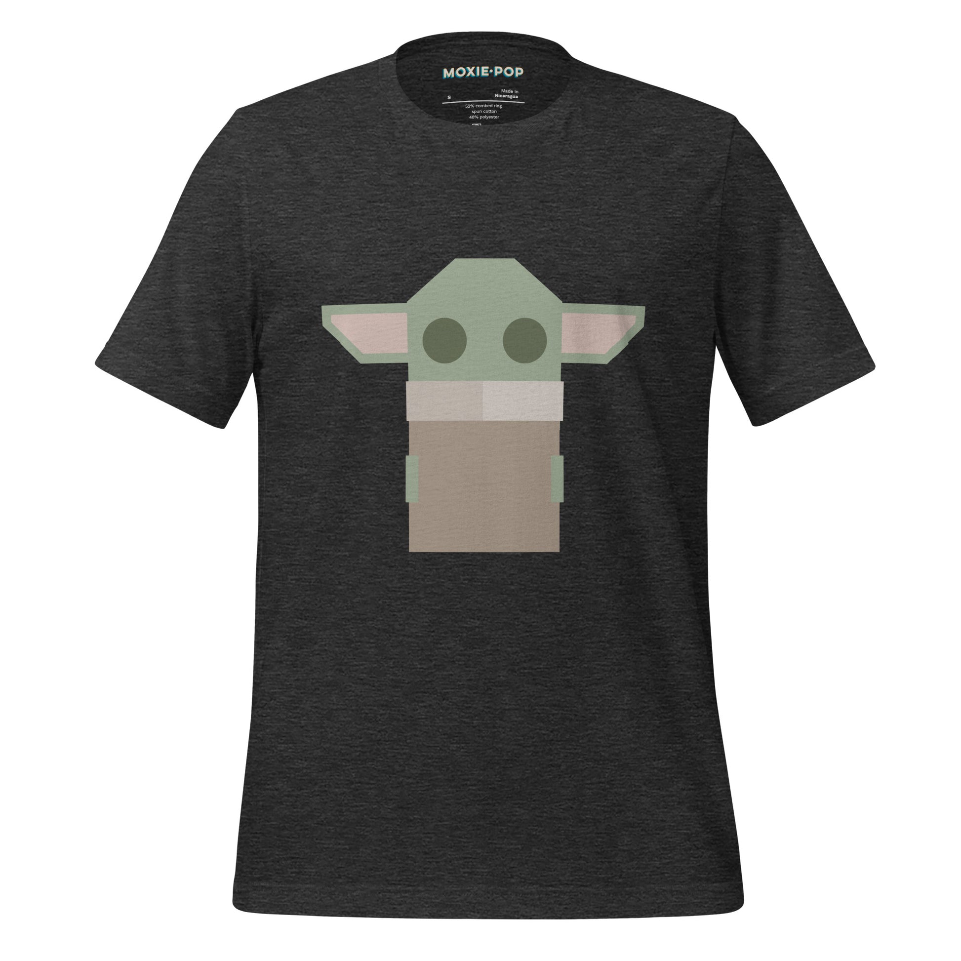 Ghost product image of Moxie•Pop's unisex graphic tee with a stylized geometric Grogu design in dark grey heather