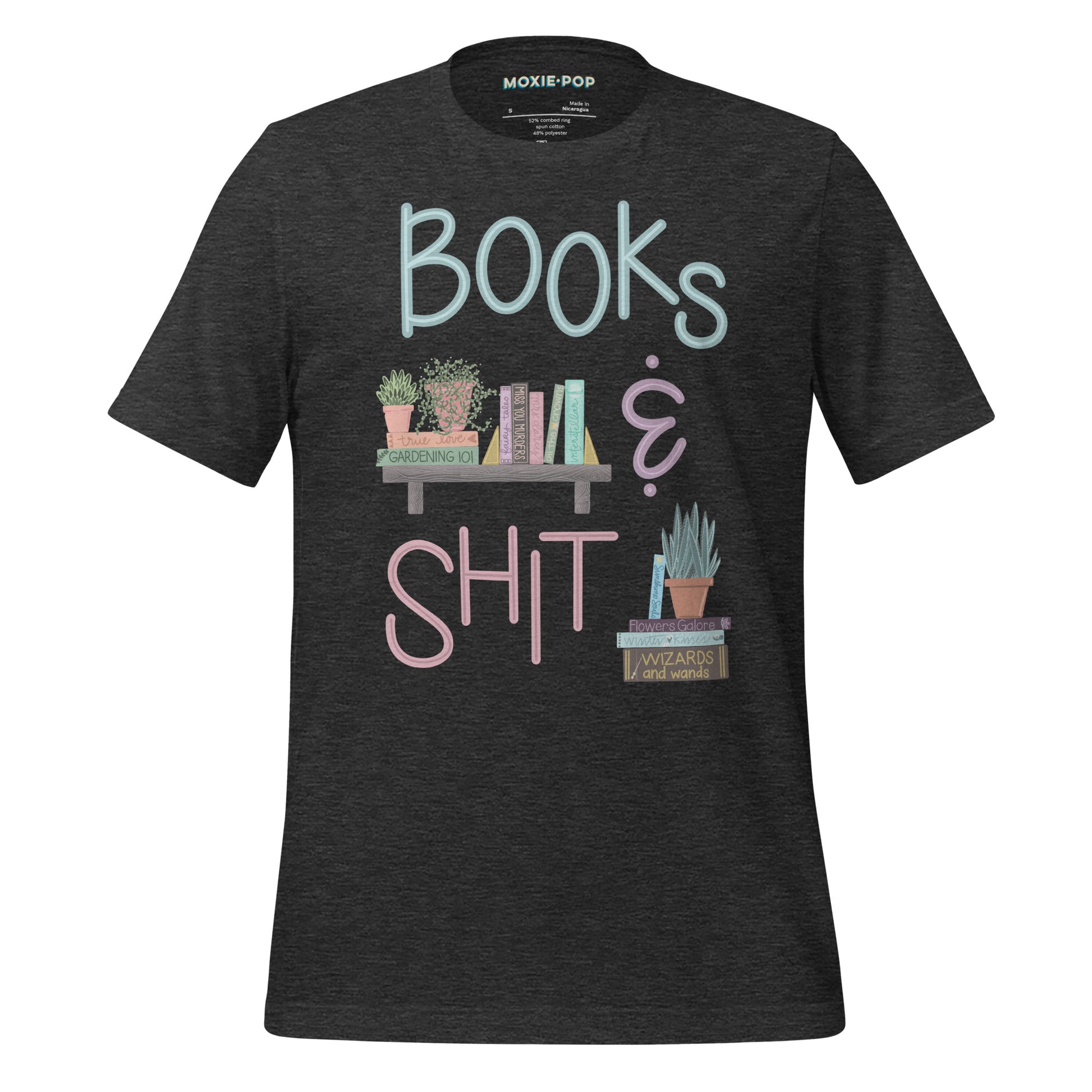 Ghost product image of Moxie•Pop's unisex graphic tee with "Books & Shit" with books and house plants artwork in dark grey heather