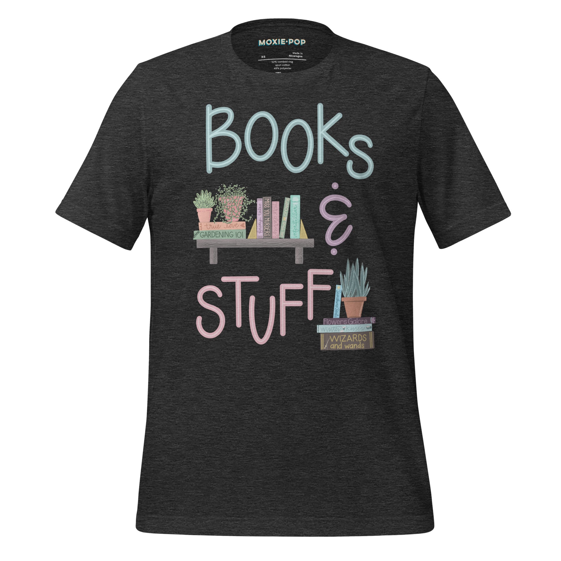 Ghost product image of Moxie•Pop's unisex graphic tee with "Books & Stuff" with books and house plants artwork in dark grey heather