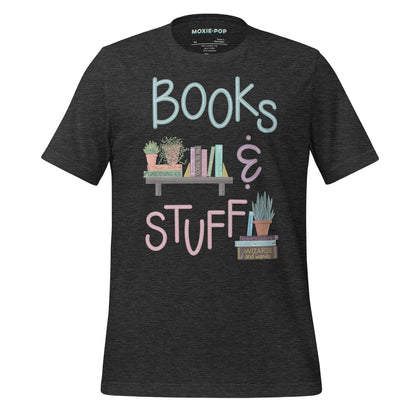 Ghost product image of Moxie•Pop's unisex graphic tee with "Books & Stuff" with books and house plants artwork in dark grey heather