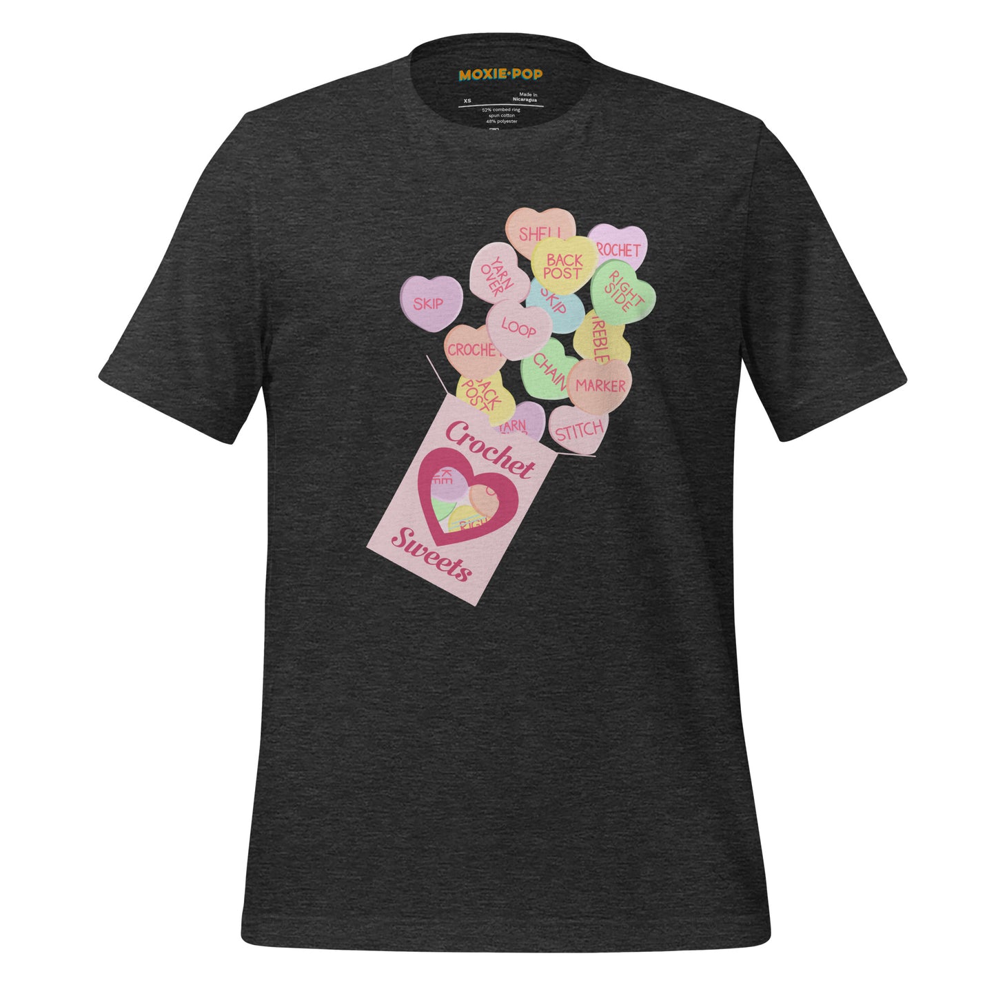 Ghost product image of Moxie•Pop's unisex graphic tee with a 'Crochet Sweets' valentine's conversation hearts with crochet terms design in dark grey heather