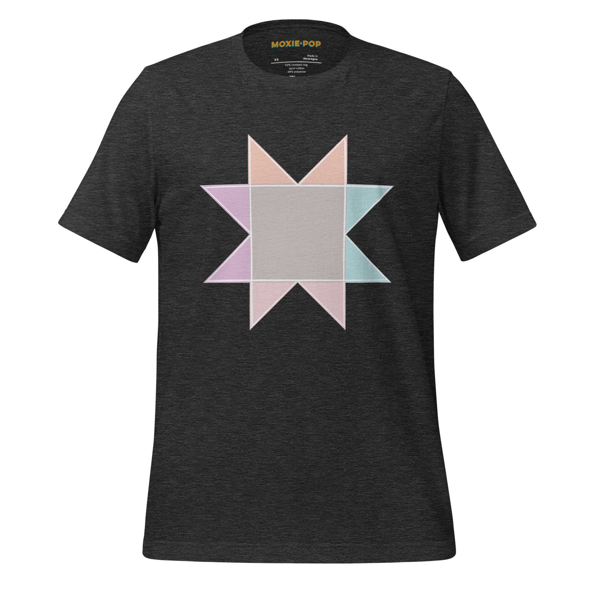 Ghost image of Moxie•Pop's unisex graphic tee with a pastel sawtooth star quilt block design in dark grey heather