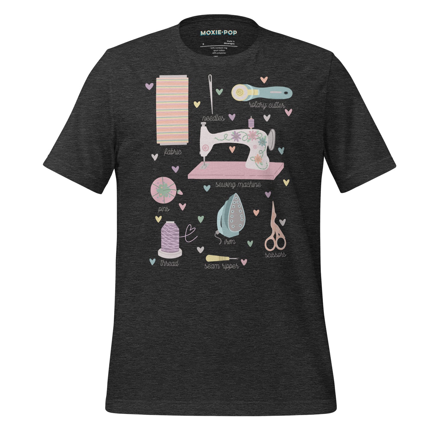 Ghost product image of Moxie•Pop's unisex graphic tee with a hand-drawn design of a series of sewing tools with their names below design in dark grey heather