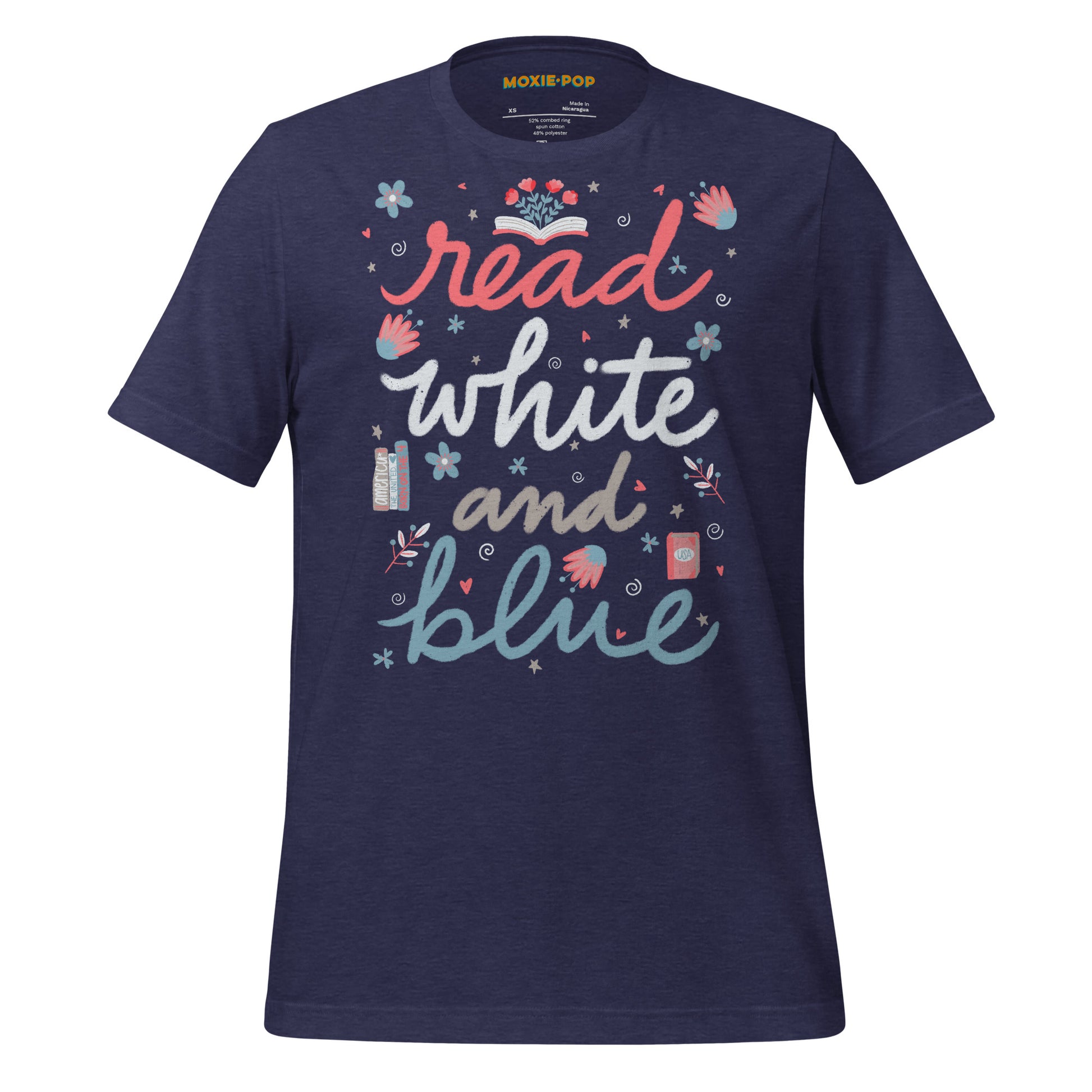 Ghost product image of Moxie•Pop's unisex graphic tee with "read white and blue" surrounded by hand-drawn flowers and books design in heather midnight navy