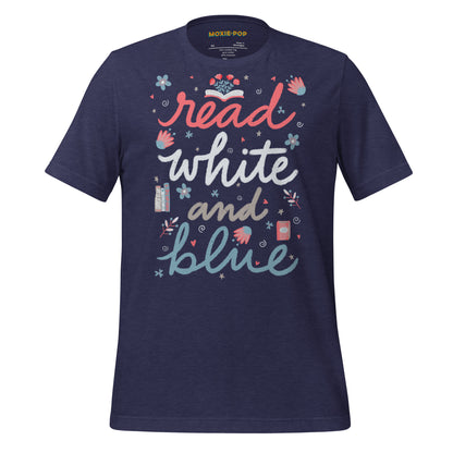 Ghost product image of Moxie•Pop's unisex graphic tee with "read white and blue" surrounded by hand-drawn flowers and books design in heather midnight navy