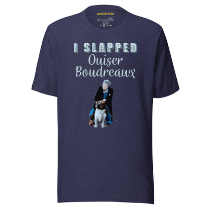 Ghost product image of Moxie•Pop's unisex graphic tee with the hand lettered phrase "I slapped Ouiser Boudreaux" and and illustration of Ouiser and her St. Bernard, Rex design in heather midnight navy