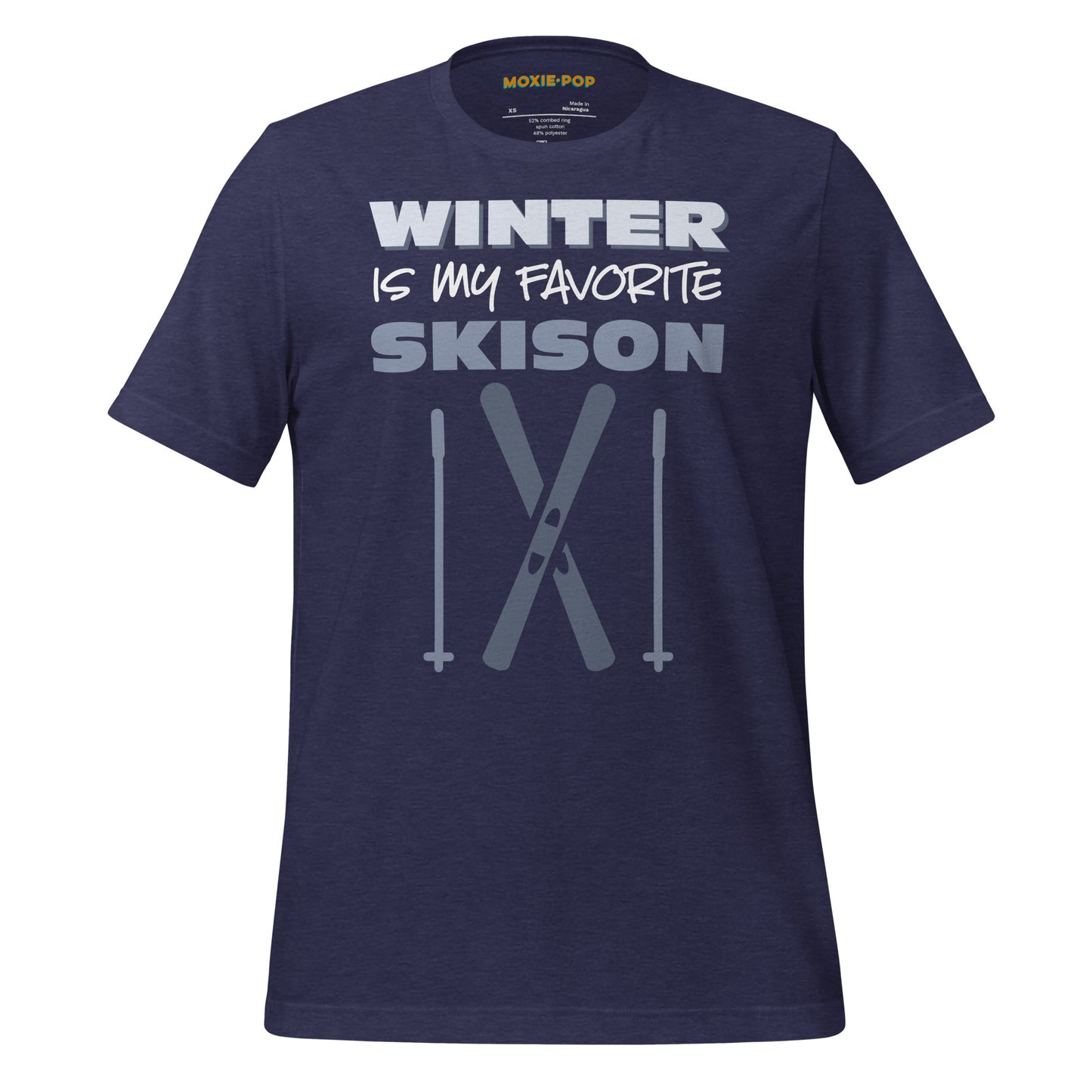 ghost product image of Moxie•Pop's unisex graphic tee with "Winter is my favorite skison" and a set of skis and poles icons design in heather midnight navy