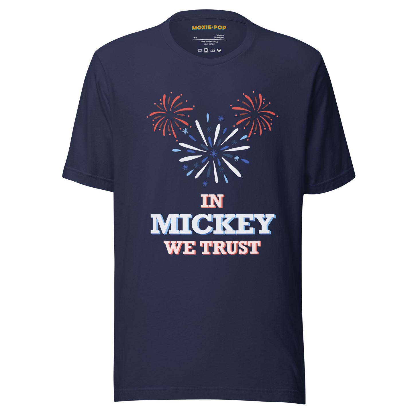 Ghost product image of Moxie•Pop's unisex graphic tee with hand-drawn fireworks in the shape of Mickey Mouse silhouette with the phrase "In Mickey We Trust"  in navy