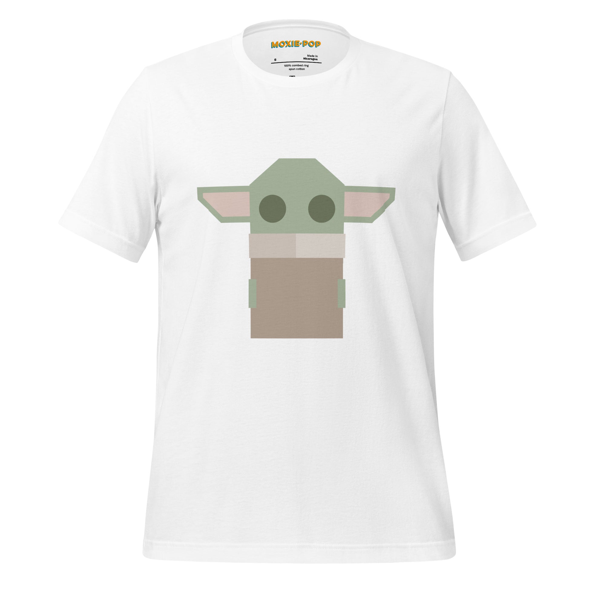 Ghost product image of Moxie•Pop's unisex graphic tee with a stylized geometric Grogu design in white