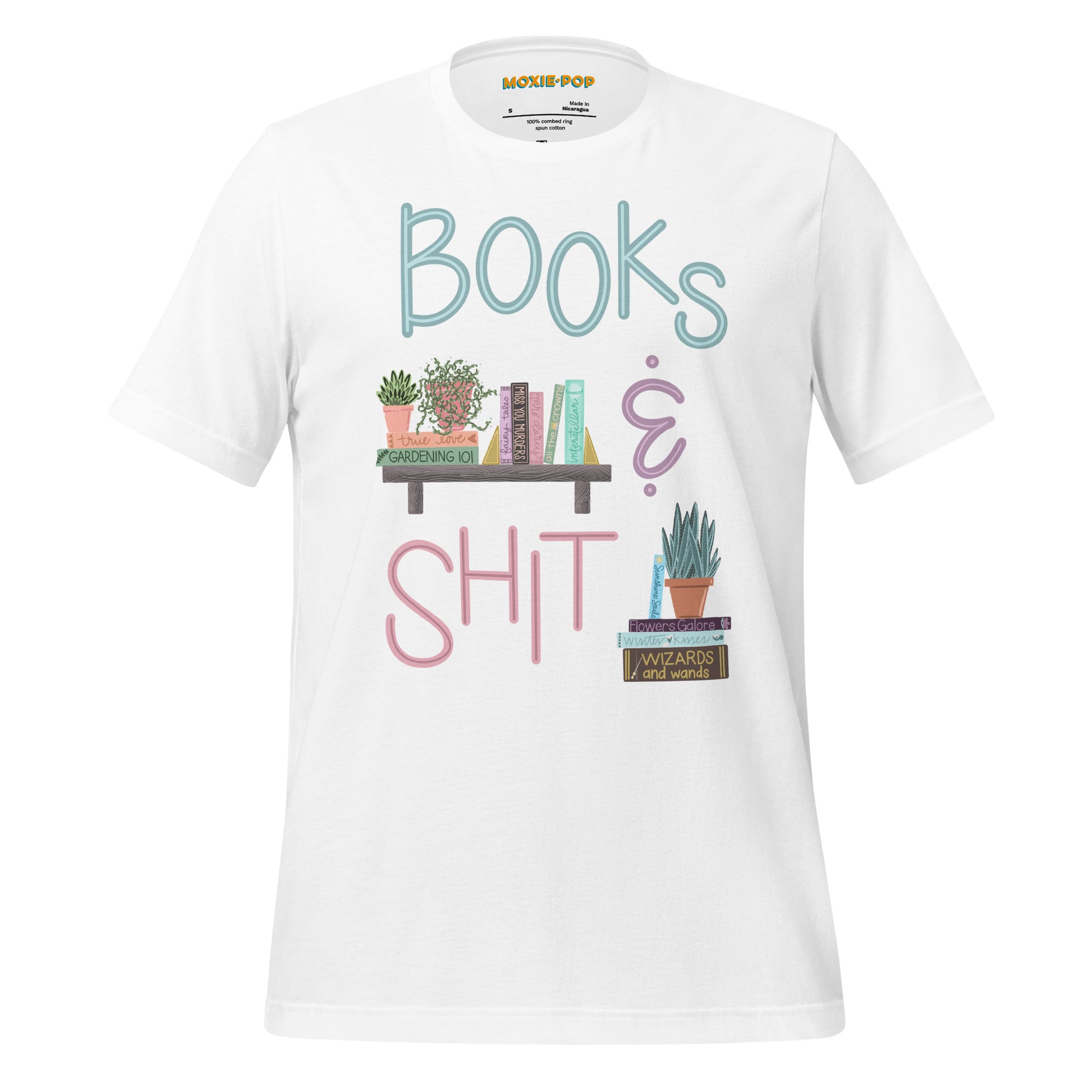 Ghost product image of Moxie•Pop's unisex graphic tee with "Books & Shit" with books and house plants artwork in white