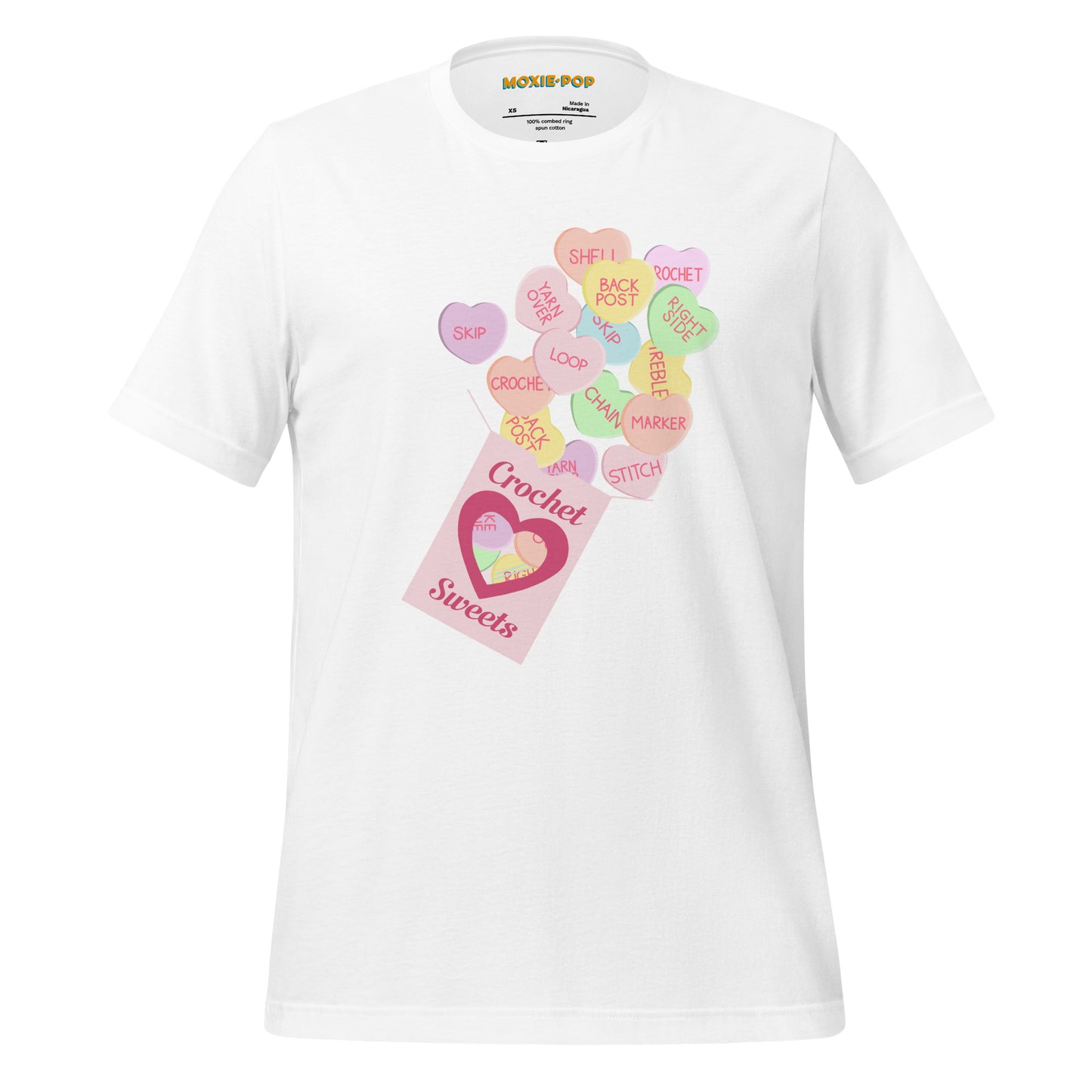 Ghost product image of Moxie•Pop's unisex graphic tee with a 'Crochet Sweets' valentine's conversation hearts with crochet terms design in white