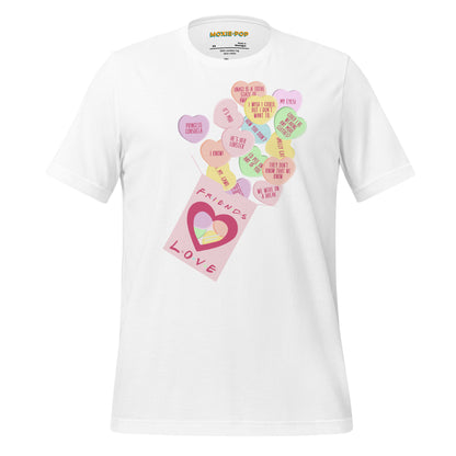 Ghost product image of Moxie•Pop's unisex graphic tee with Valentine's conversation hearts with quotes from the Friends TV show and a box that reads "Friends Love" in white