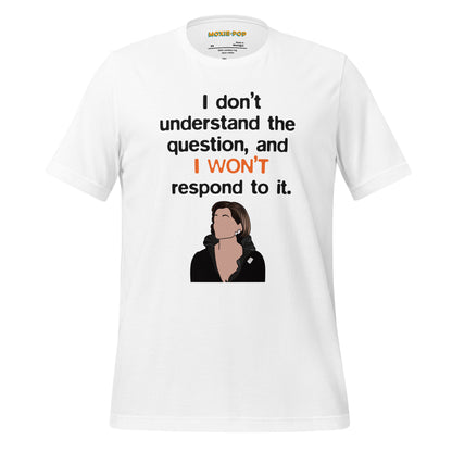 Ghost product image of Moxie•Pop's unisex graphic tee with a illustration of Lucille Bluth below the phrase "I don't understand the question, and I won't respond to it." in white