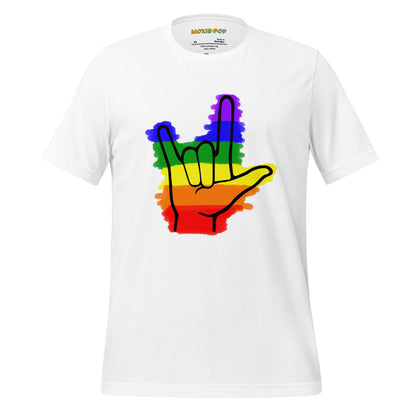 Ghost product image of Moxie•Pop's unisex graphic tee with colored rainbow stripes behind a black ASL I love you hand sign icon design in white