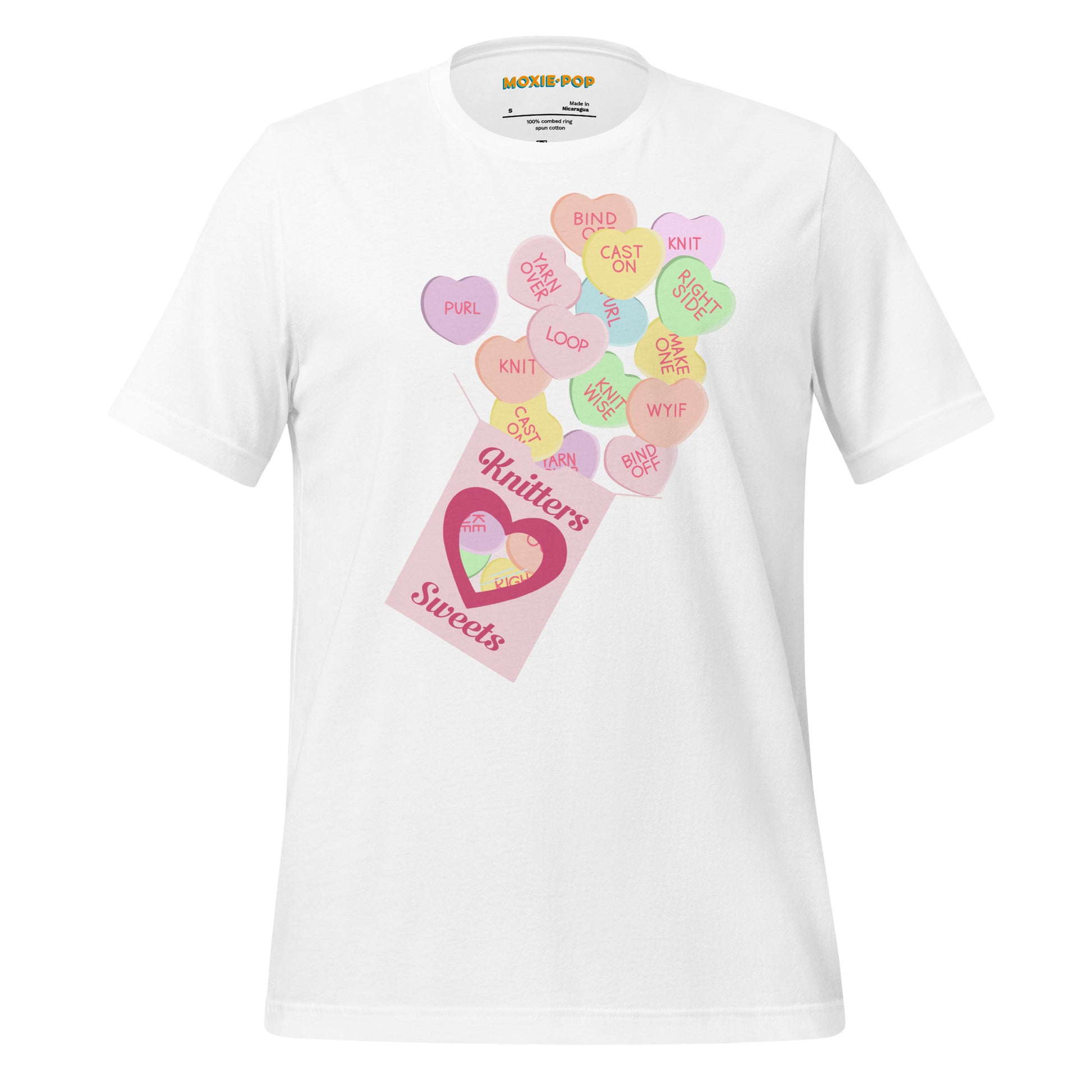 Ghost product image of Moxie•Pop's unisex graphic tee with a box of "Knitter Sweets" and Valentine's conversation hearts with knitting terms design in white