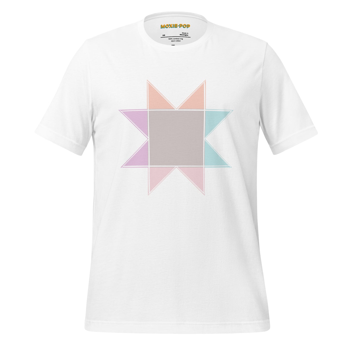 Ghost image of Moxie•Pop's unisex graphic tee with a pastel sawtooth star quilt block design in white