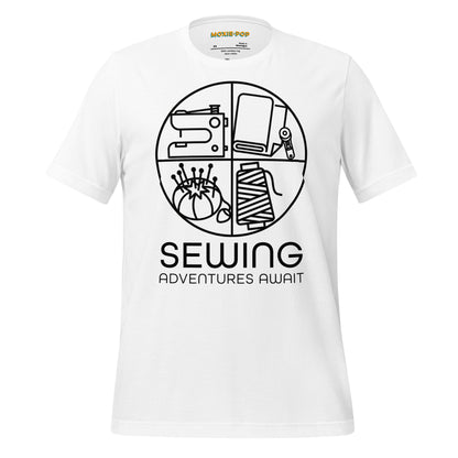 Ghost product image Moxie•Pop's unisex graphic tee with a black circle outline in four quadrants each with a sewing tool icon above 'Sewing Adventures Await' in white