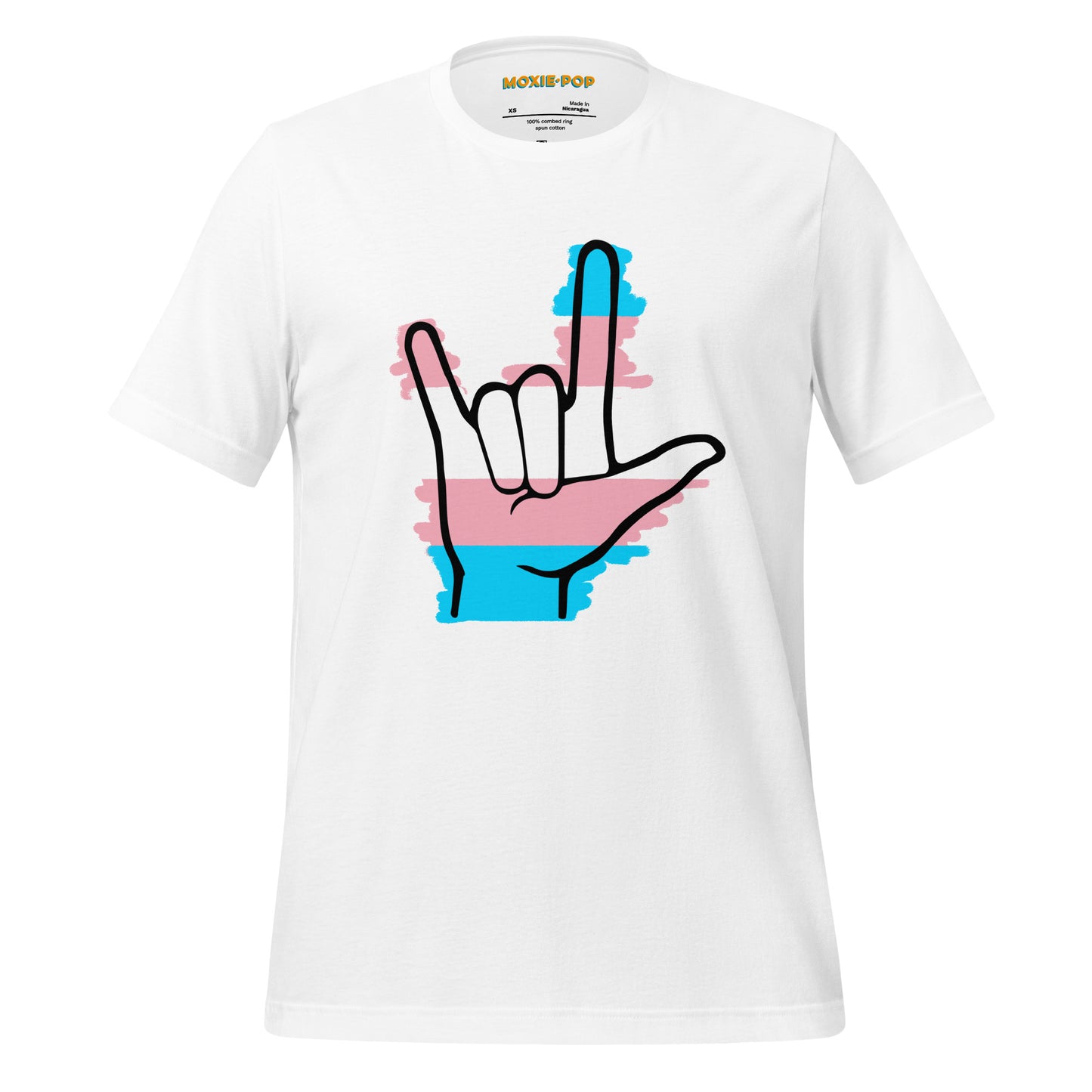 Ghost product image of Moxie•Pop's unisex graphic tee with blue, pink, and white stripes behind a black ASL I love you hand sign icon in support of transgendered design in white