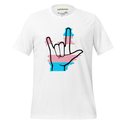 Ghost product image of Moxie•Pop's unisex graphic tee with blue, pink, and white stripes behind a black ASL I love you hand sign icon in support of transgendered design in white