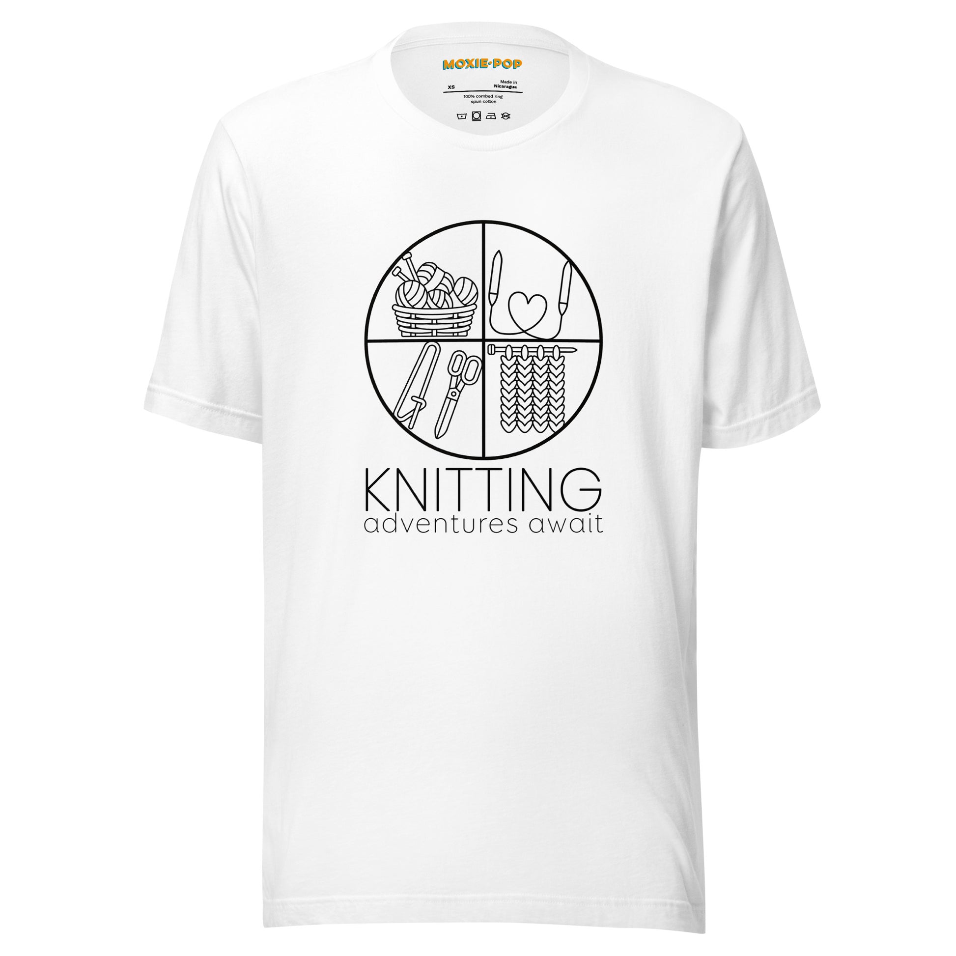 Ghost product image of Moxie•Pop's unisex graphic tee with "KNITTING adventures await" below a circle filled with knitting implements icons design in white