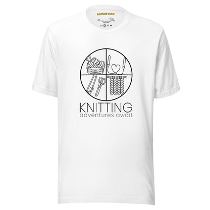 Ghost product image of Moxie•Pop's unisex graphic tee with "KNITTING adventures await" below a circle filled with knitting implements icons design in white