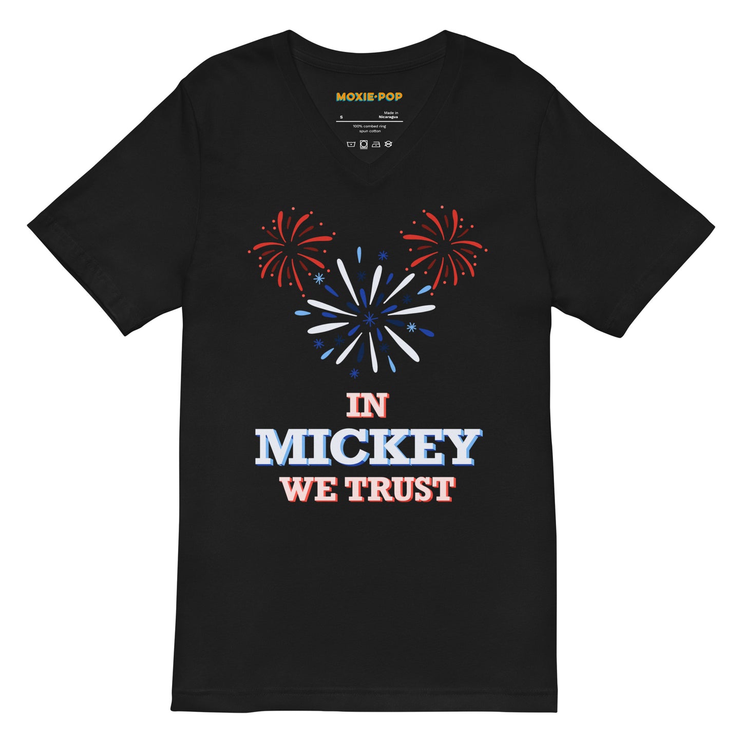 Lay flat product image of Moxie•Pop's unisex v-neck graphic tee with hand-drawn fireworks in the shape of Mickey Mouse silhouette with the phrase "In Mickey We Trust" in black