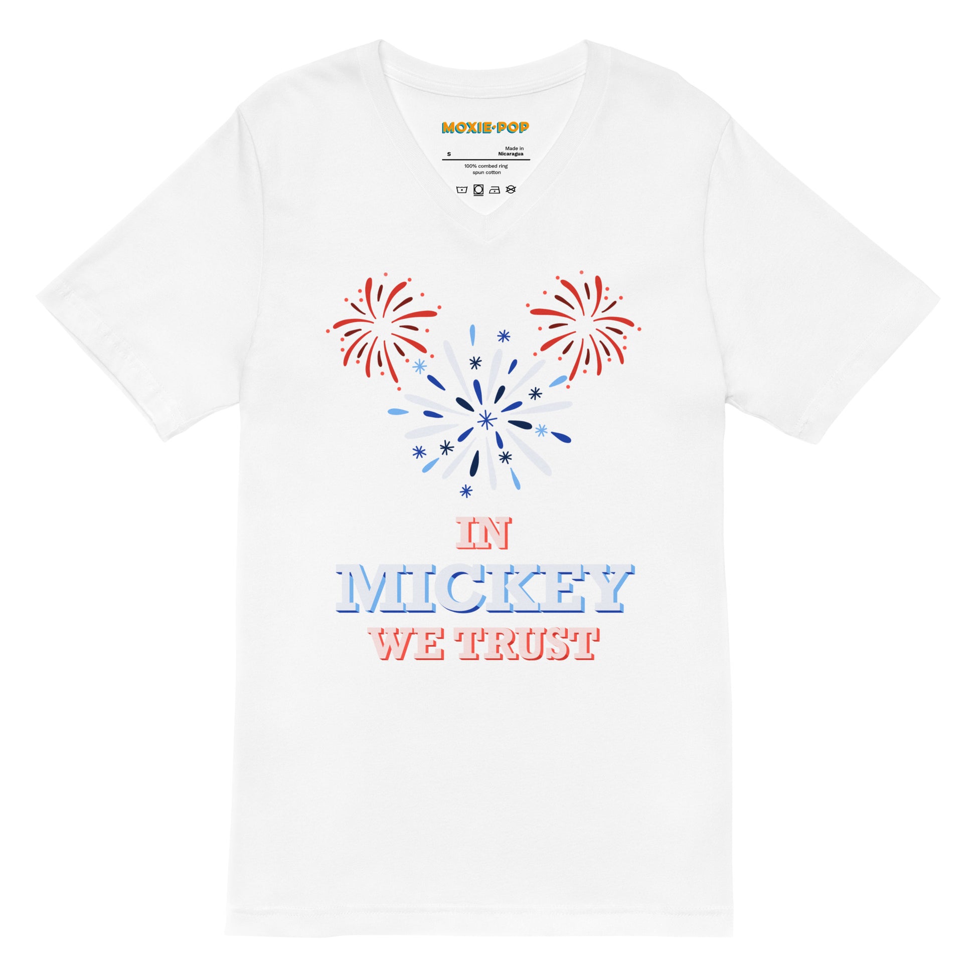 Lay flat product image of Moxie•Pop's unisex v-neck graphic tee with hand-drawn fireworks in the shape of Mickey Mouse silhouette with the phrase "In Mickey We Trust" in white