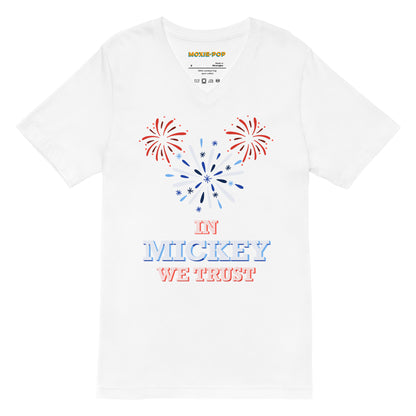 Lay flat product image of Moxie•Pop's unisex v-neck graphic tee with hand-drawn fireworks in the shape of Mickey Mouse silhouette with the phrase "In Mickey We Trust" in white