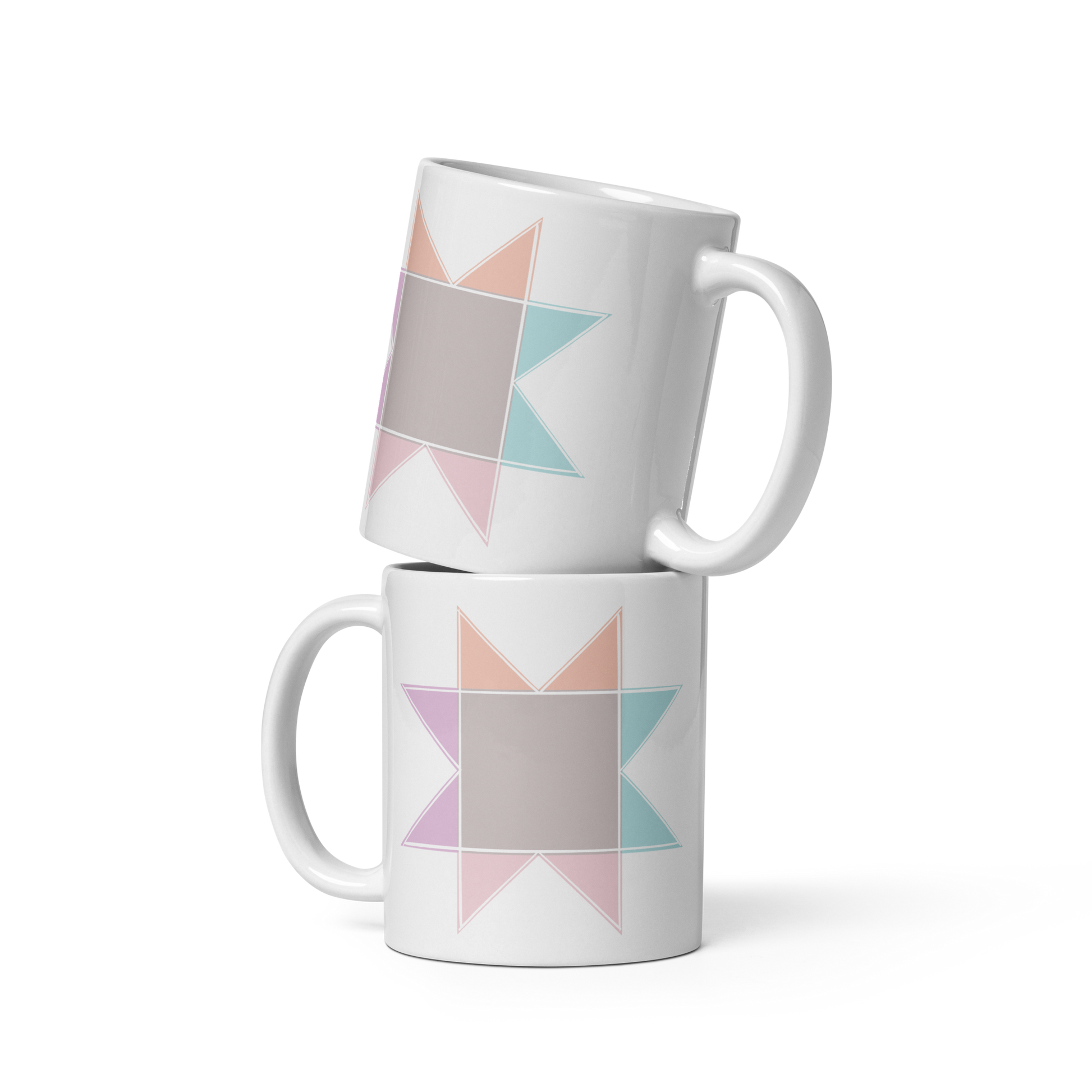 Moxie•Pop's Pastel Quilt Block coffee mug modeled in 11 oz size