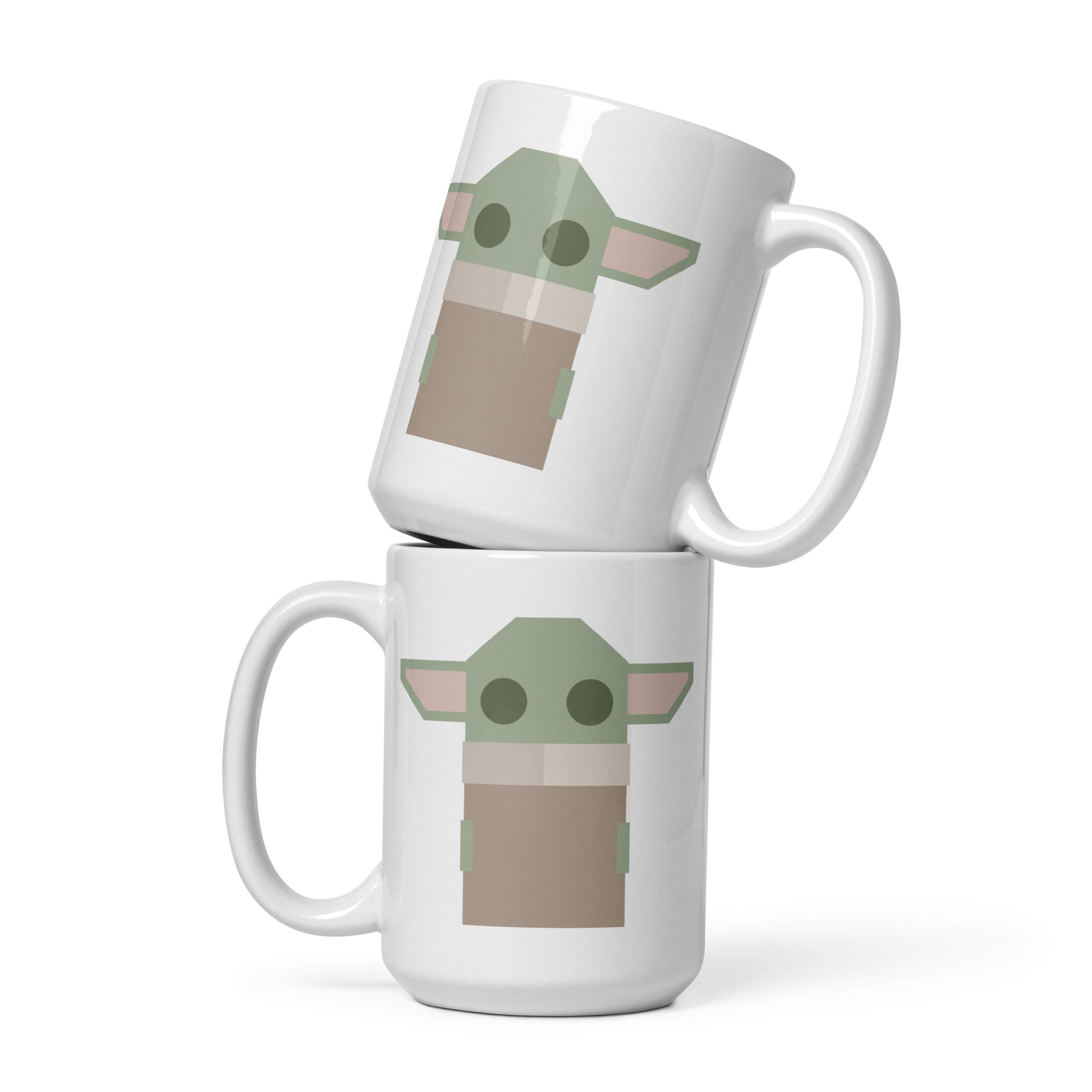 Moxie•Pop's white ceramic mug with a geometric-styled Grogu product image for size 15 oz