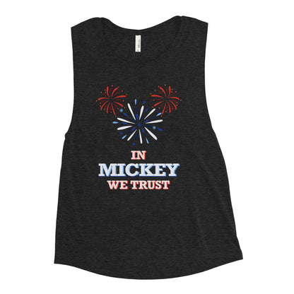 Lay Flat product image of Moxie•Pop's women's muscle tank with hand-drawn fireworks in the shape of Mickey Mouse silhouette with the phrase "In Mickey We Trust"  in black heather