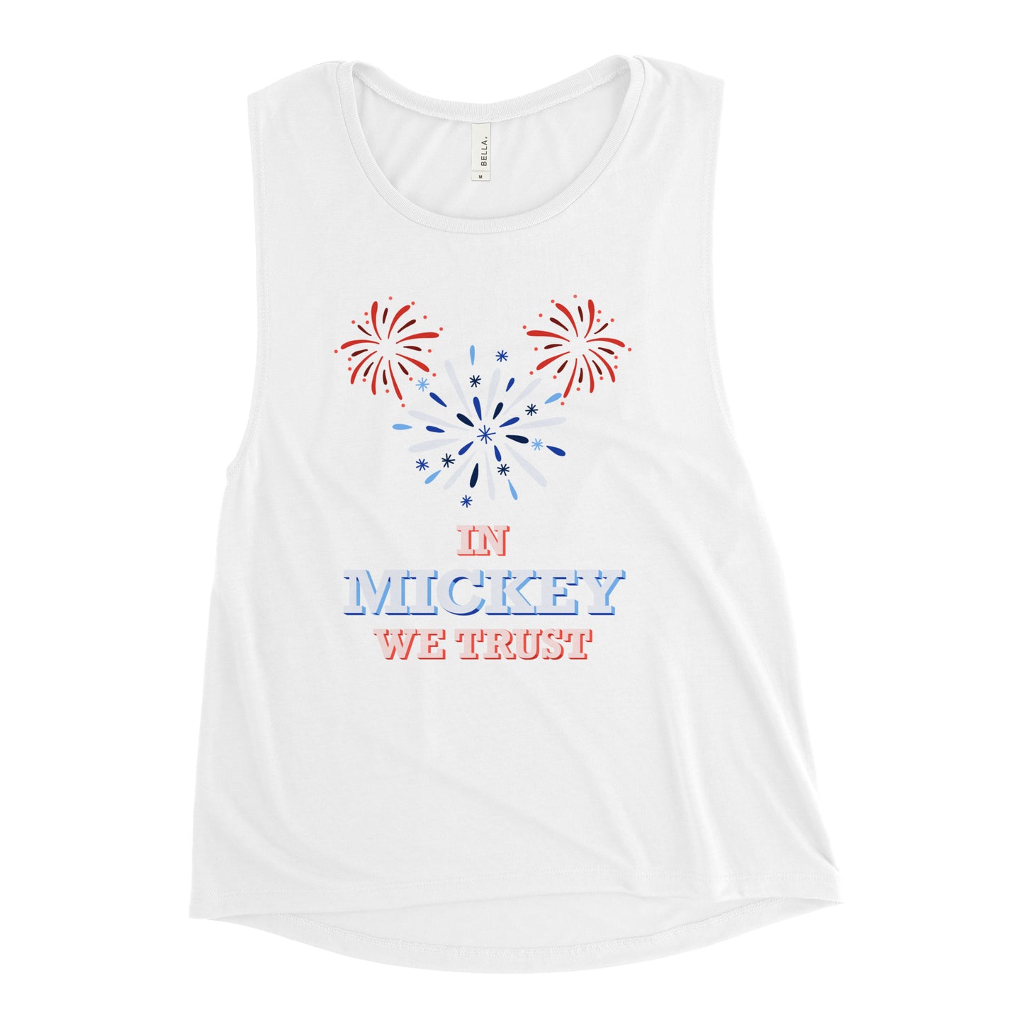 Lay flat product image of Moxie•Pop's women's muscle tank with hand-drawn fireworks in the shape of Mickey Mouse silhouette with the phrase "In Mickey We Trust"  in white