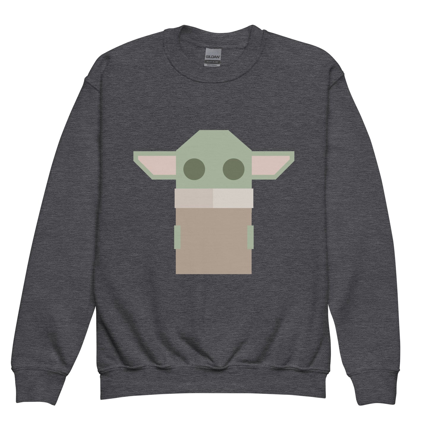 Ghost product image of Moxie•Pop's youth graphic sweatshirt with a stylized geometric Grogu design in dark heather