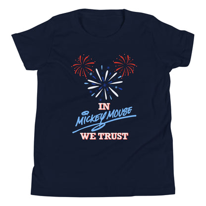 Lay flat product image of Moxie•Pop's unisex youth graphic tee with hand-drawn fireworks in the shape of Mickey Mouse silhouette with the phrase "In Mickey We Trust" in navy