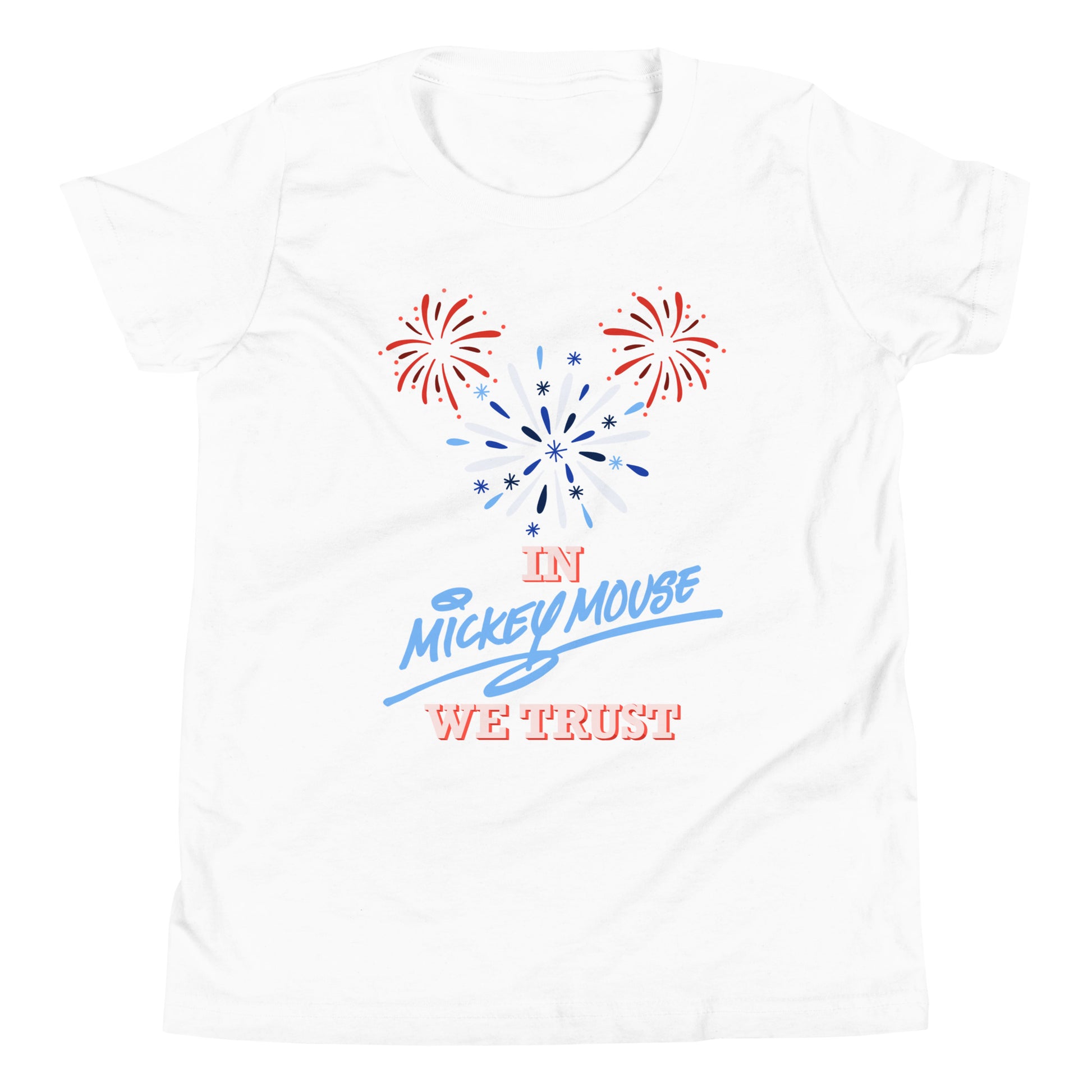 Lay flat product image of Moxie•Pop's unisex youth graphic tee with hand-drawn fireworks in the shape of Mickey Mouse silhouette with the phrase "In Mickey We Trust" in white