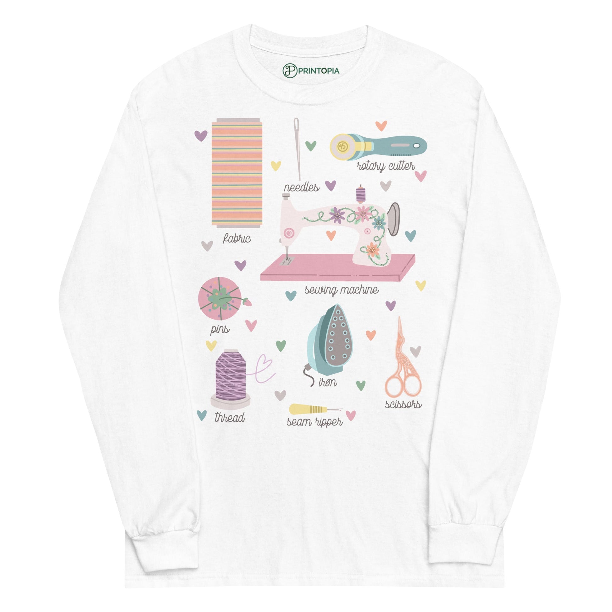 Moxie•Pop's men's long sleeve graphic tee with a series of hand-drawn sewing tools with their names below design lay-flat product image in white