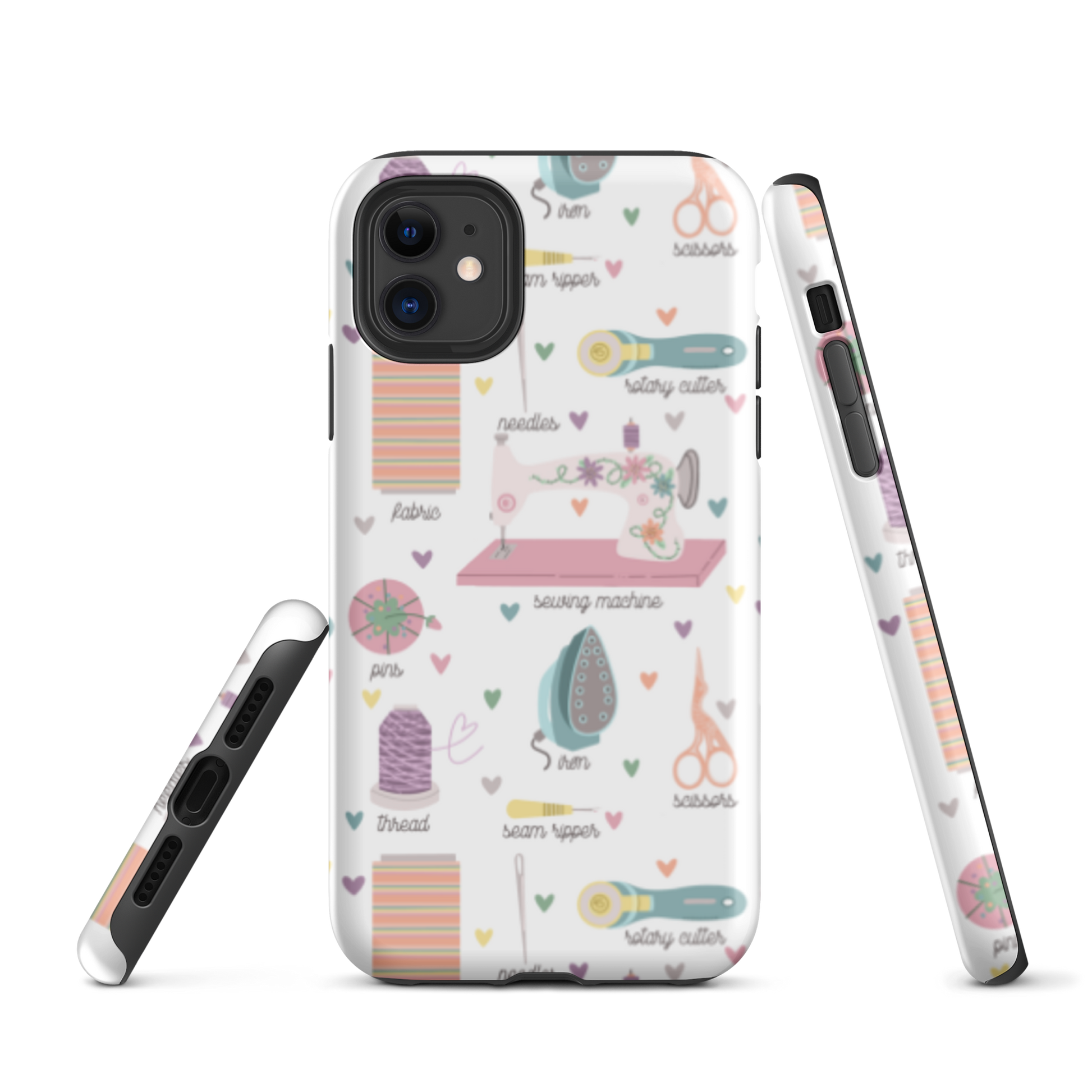 Moxie•Pop's tough case for  iPhone® with a series of hand-drawn sewing tools with their names below design