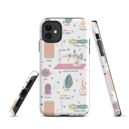 Moxie•Pop's tough case for  iPhone® with a series of hand-drawn sewing tools with their names below design