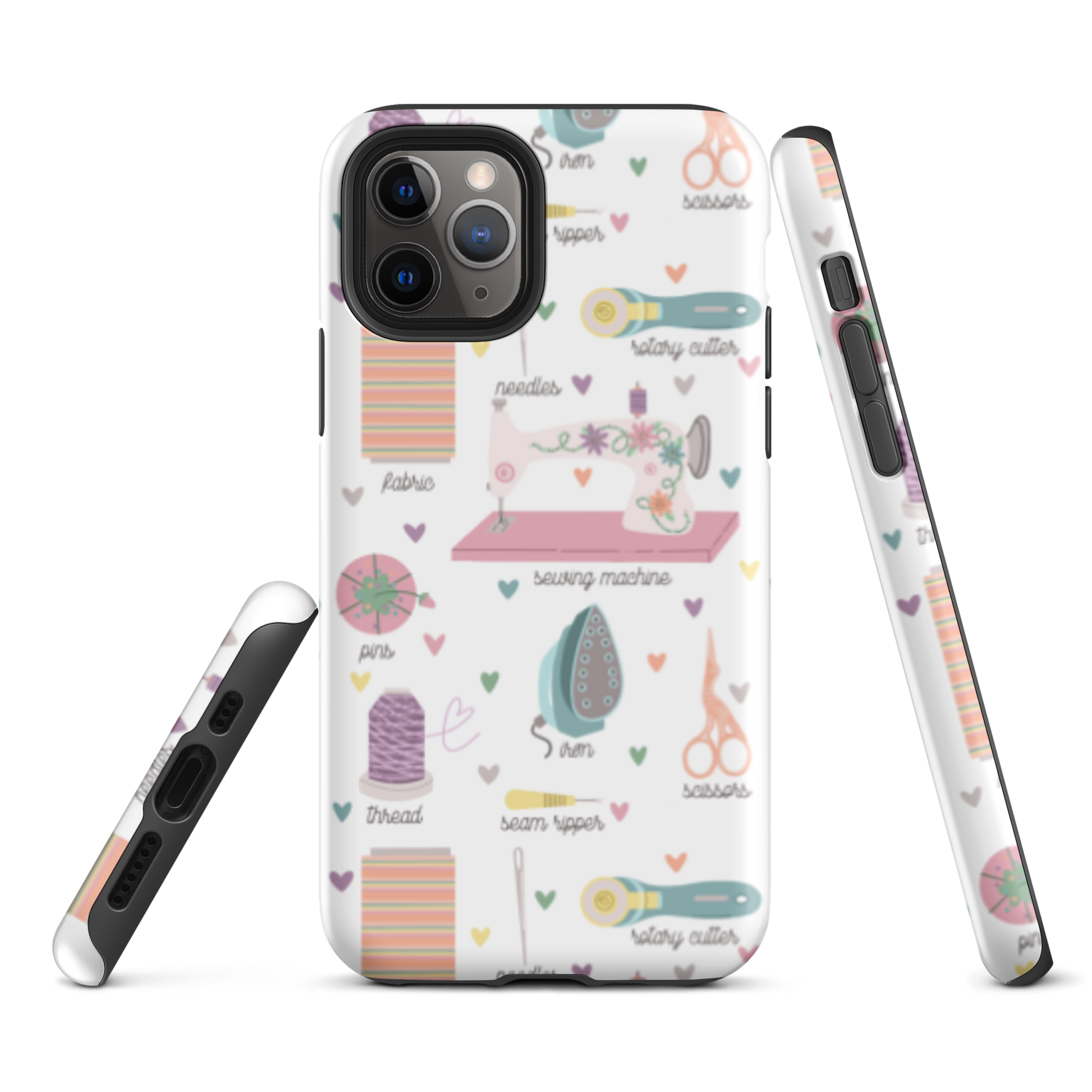 Moxie•Pop's tough case for  iPhone® with a series of hand-drawn sewing tools with their names below design