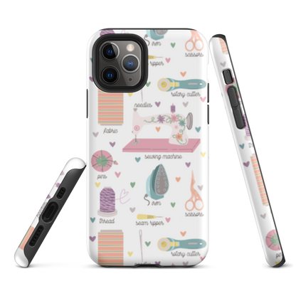 Moxie•Pop's tough case for  iPhone® with a series of hand-drawn sewing tools with their names below design