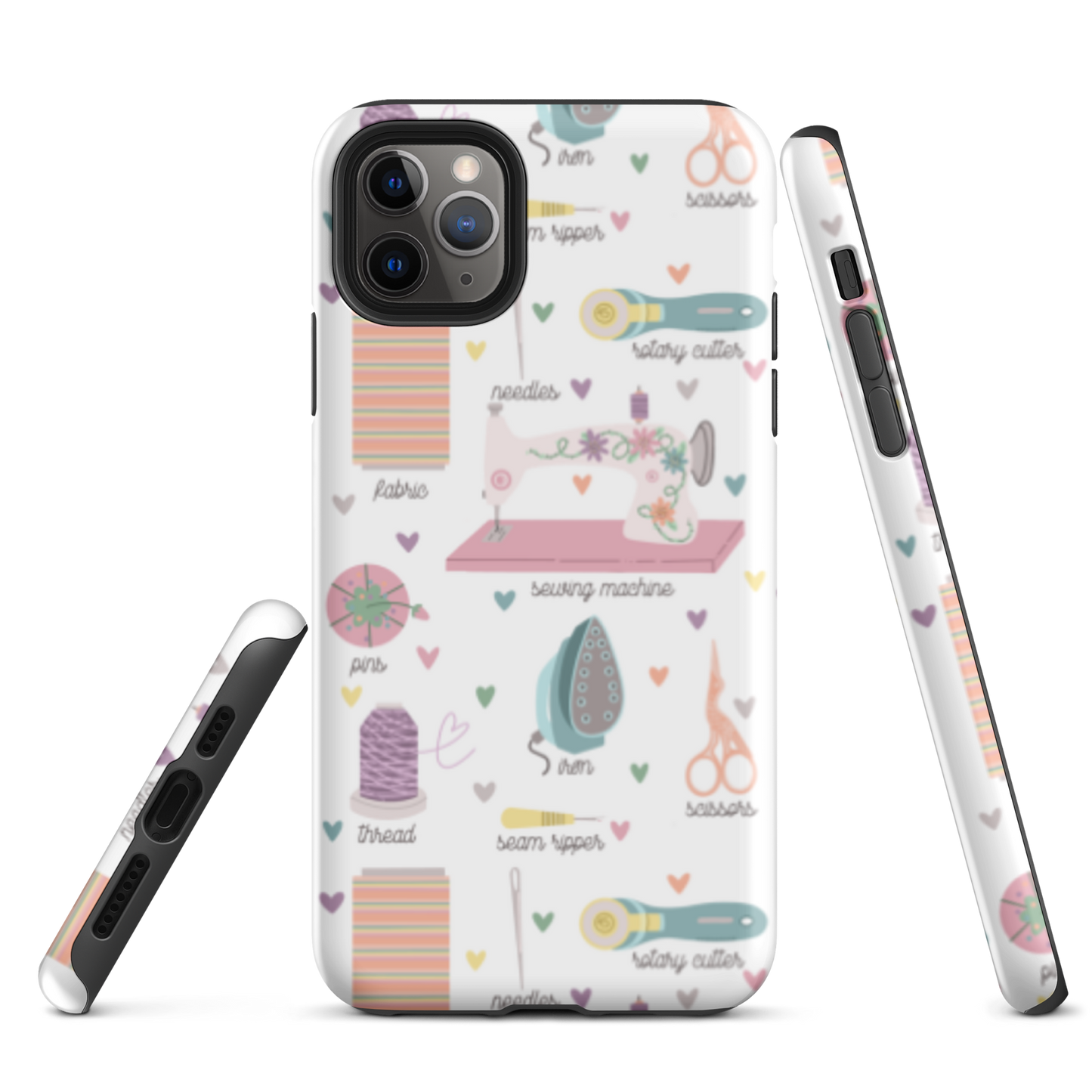 Moxie•Pop's tough case for  iPhone® with a series of hand-drawn sewing tools with their names below design